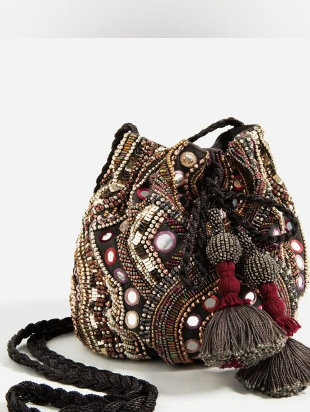 Zara Basic Colletion Beaded Drawstring Mini Bag Tassel Crossbady Purse
